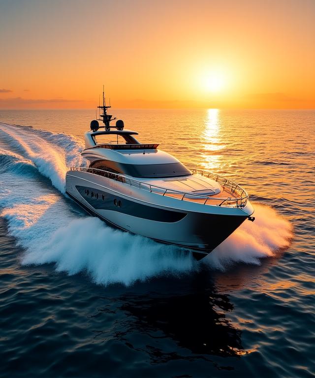 Sleek modern luxury yacht cruising at sunset